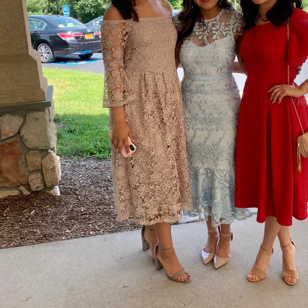 pink lace midi dress